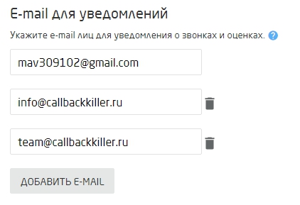 Добавьте необходимое вам количество адресов электронной почты и получайте на них уведомления обо всех коммуникациях с клиентами Получайте оперативную информацию